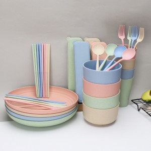 Top Seller 9  Food Serving Round Plate Eco-friendly Wheat Straw Fiber Cutlery Rice Soup Bowl Dinnerware Set