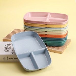 Homienly Dinner Plates Wheat Straw Rectangular 3-Grids Plastic Meal Plate for Kitchen Unbreakable Plate Set with 8 Colors