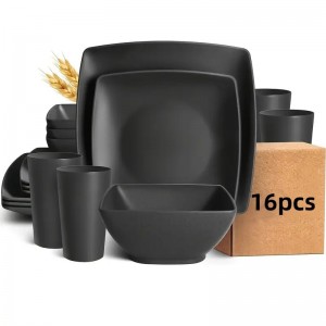 Modern Design 16-Piece Plastic Dinnerware Set Disposable Black Wheat Straw Serving Plate for Hotel Restaurant Square Available