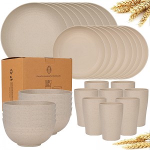 32 PCS Pink Wheat Straw Dinnerware Cups Plates and Bowls Sets Microwave&Dishwasher Safe for Kitchen Camping
