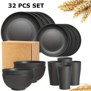 Dural Plastic Dishes 32-Pieces Multi Color Plastic Wheat Straw Dinnerware Set for Kitchen Supply