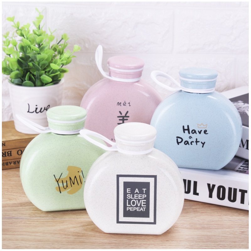 Wheat straw insulated and ironing resistant double layer glass water bottle pure color cute fashion flat water bottle