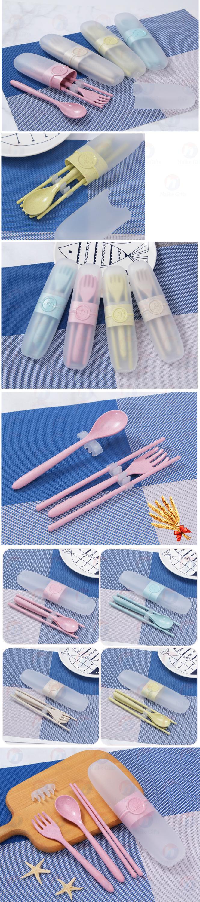 Portable children's travel tableware set environmental protection nontoxic wheat straw tableware set of three