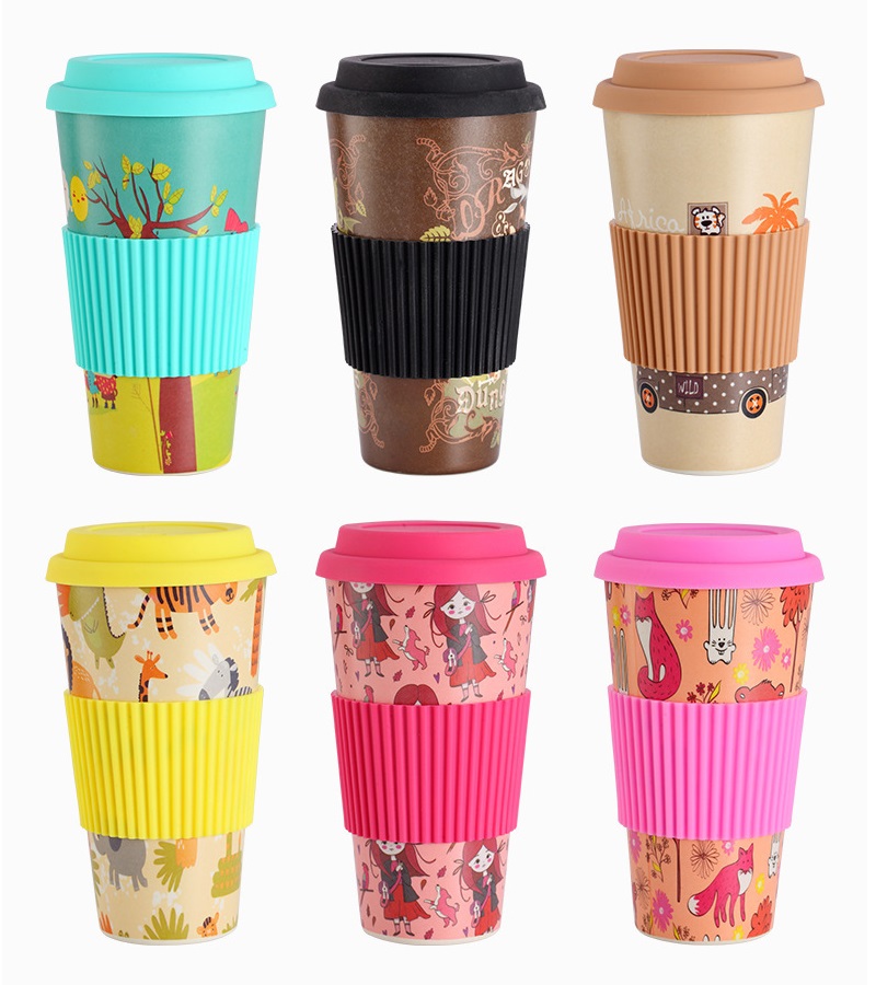 Cartoon anti perm anti leak coffee cup with silicone sleeve anti skid biodegradable bamboo fiber mug