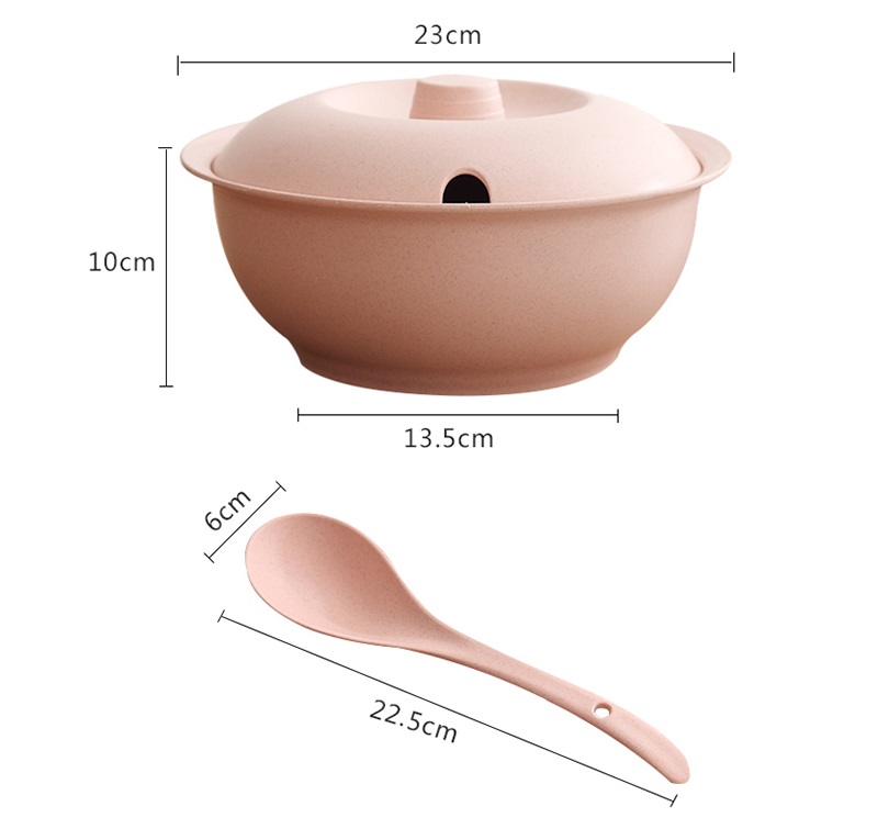 Wheat straw household shattering soup bowl pure color fashion large capacity with spoon cover tableware set