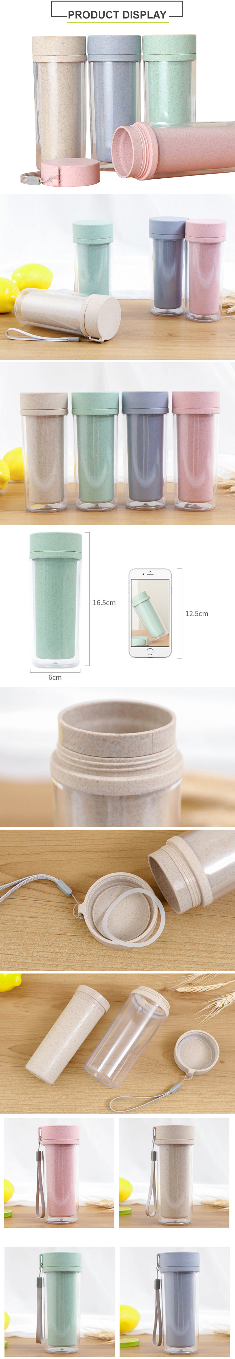 High quality natural eco friendly reusable biodegradable material wheat straw plastic water bottles with lid for travel