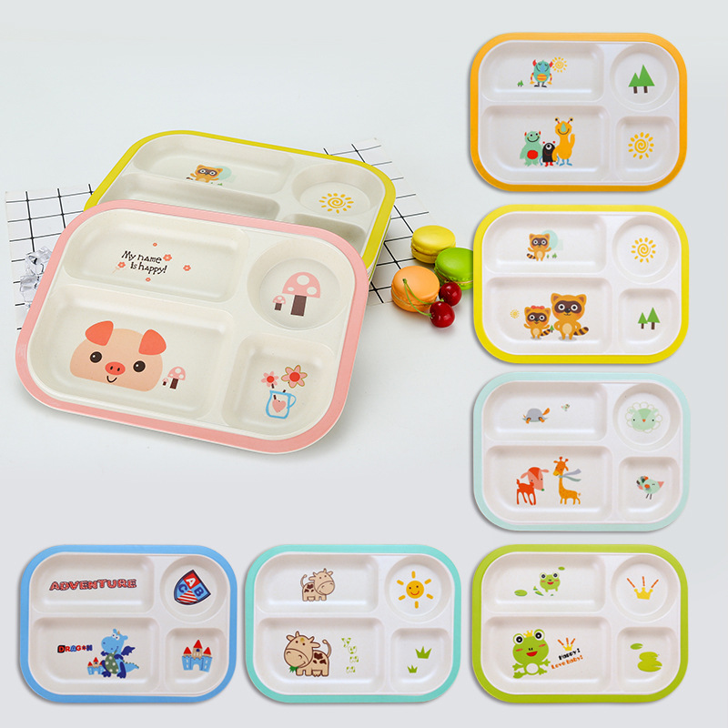 Biodegradable bamboo fibre children's meal tray with split case anti slip and anti fall baby tableware