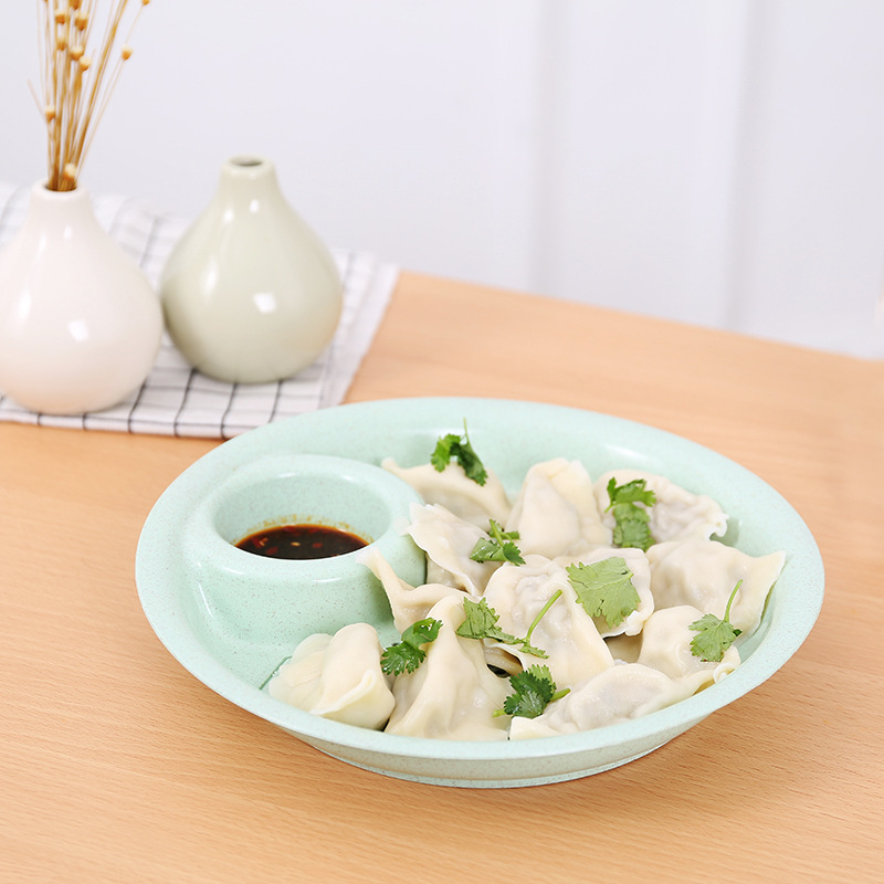 Wheat straw biodegradable round dumpling tray double layer with vinegar dish can drain the food tray