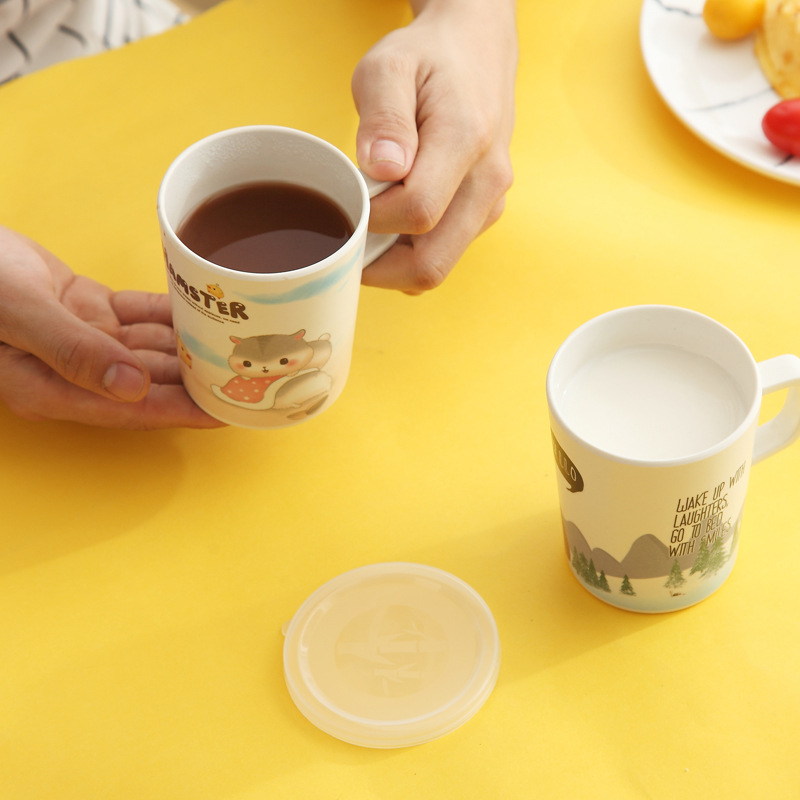 Cartoon bamboo fiber dust proof insulation children's mug creative fashion with cover biodegradable drinking cup
