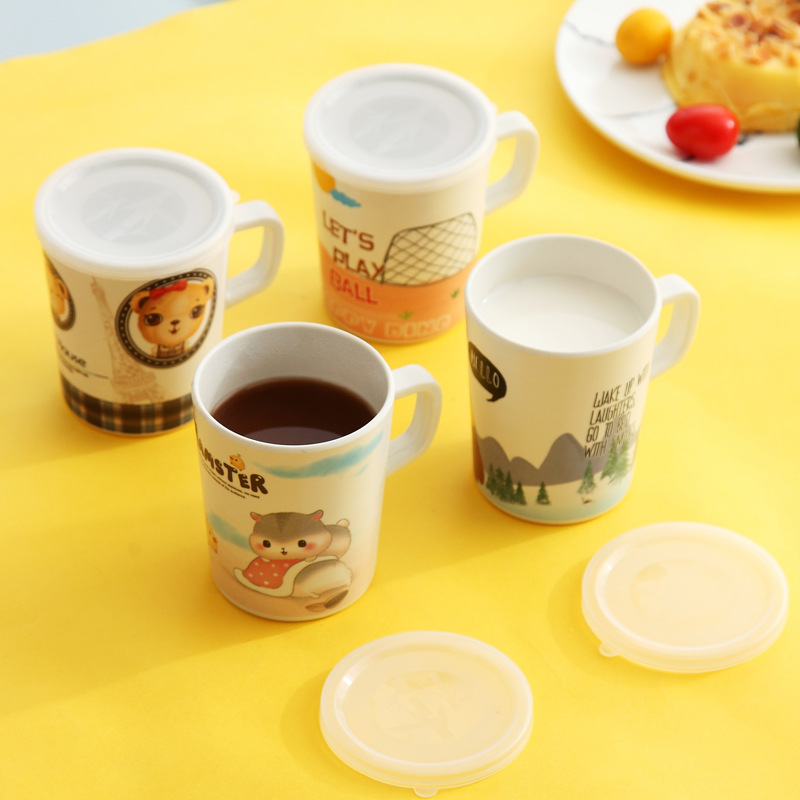 Cartoon bamboo fiber dust proof insulation children's mug creative fashion with cover biodegradable drinking cup