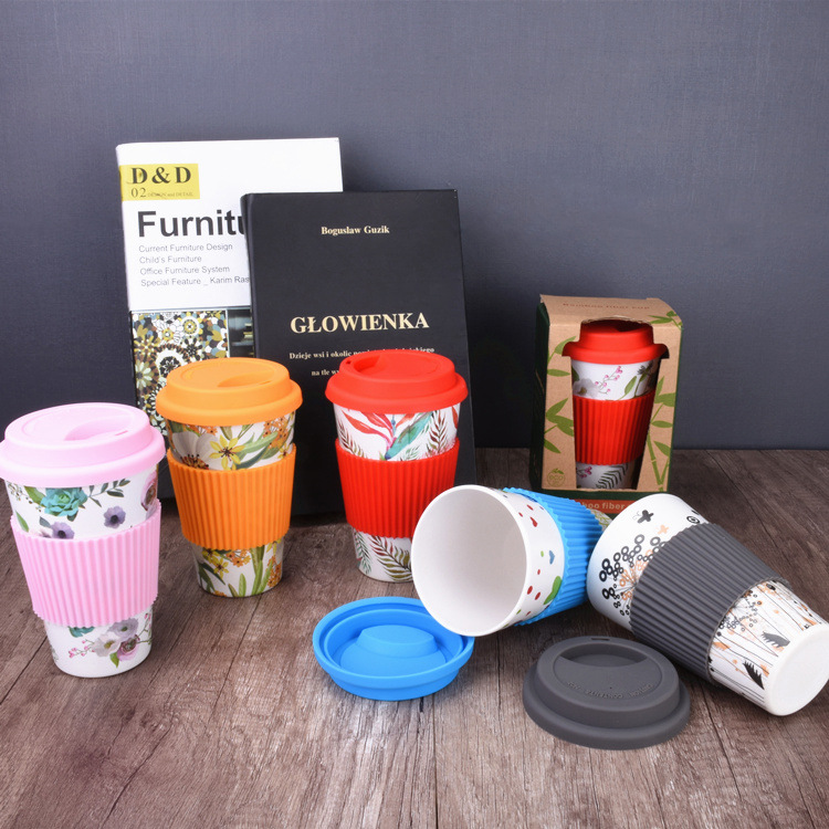 Health and environmental friendly biodegradable coffee cup with silicone cover resistant bamboo fiber mug