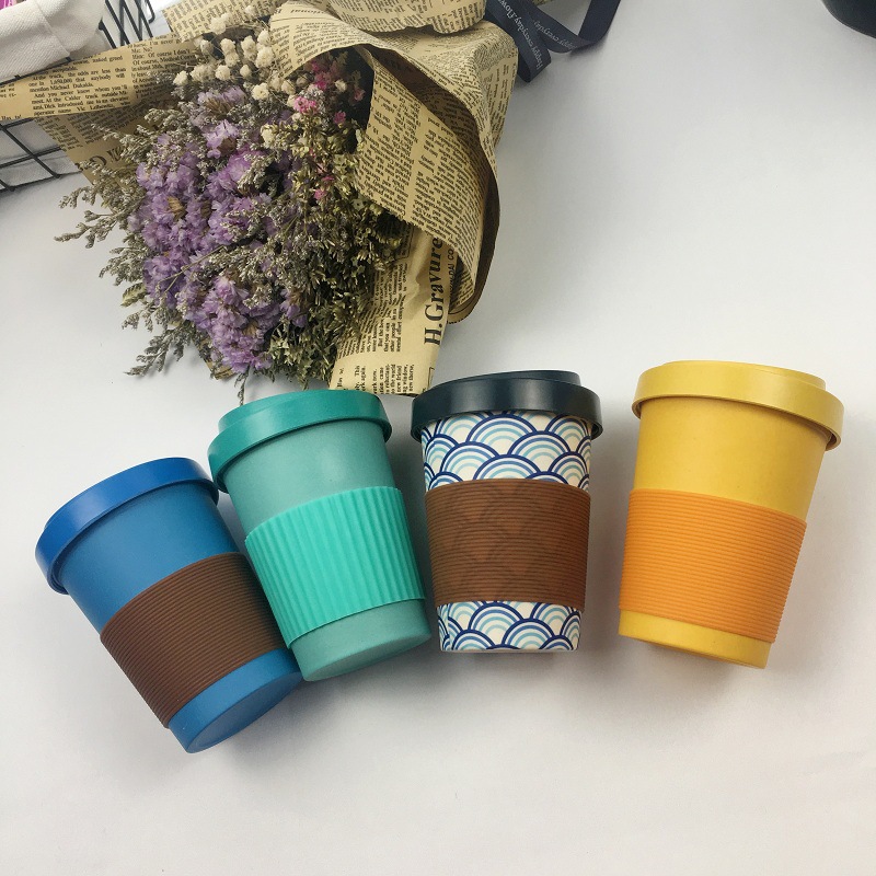 Safe and environment friendly degradable bamboo fiber coffee cup with simple cover leakproof mug