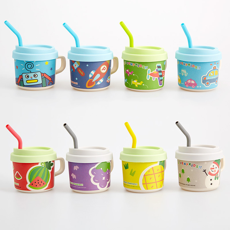 Cartoon children's bamboo fiber water cup with straw sealed leakproof biodegradable small portable battle