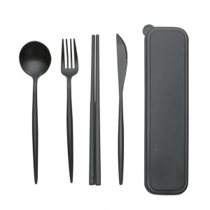 Black portable eco friendly wheat straw plastic kids travel camping spoon fork cutlery tableware set with case