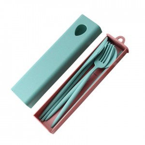 Portable eco friendly wheat straw plastic kids travel camping spoon fork cutlery tableware set with case