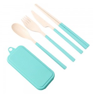 Portable eco friendly wheat straw plastic kids travel camping spoon fork cutlery tableware set with case